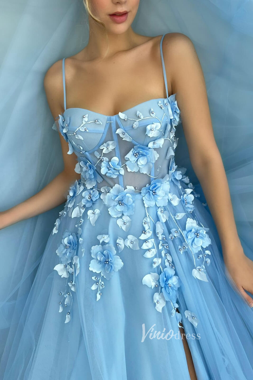 Prom Dress 2025 Light Blue 3D Flower Prom Dresses Spaghetti Strap Long Formal Dress FD2978-unique prom dresses-Light Blue-Custom Size-Viniodress