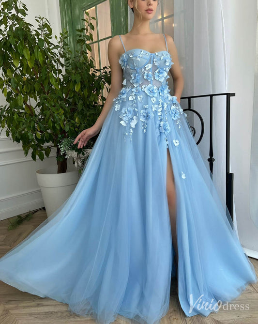 Light Blue 3D Flower Prom Dresses with Pockets Spaghetti Strap Formal Dress with Slit TO026 - Viniodressprom dressesLight BlueCustom Size - Formal Dresses - Ball Gowns