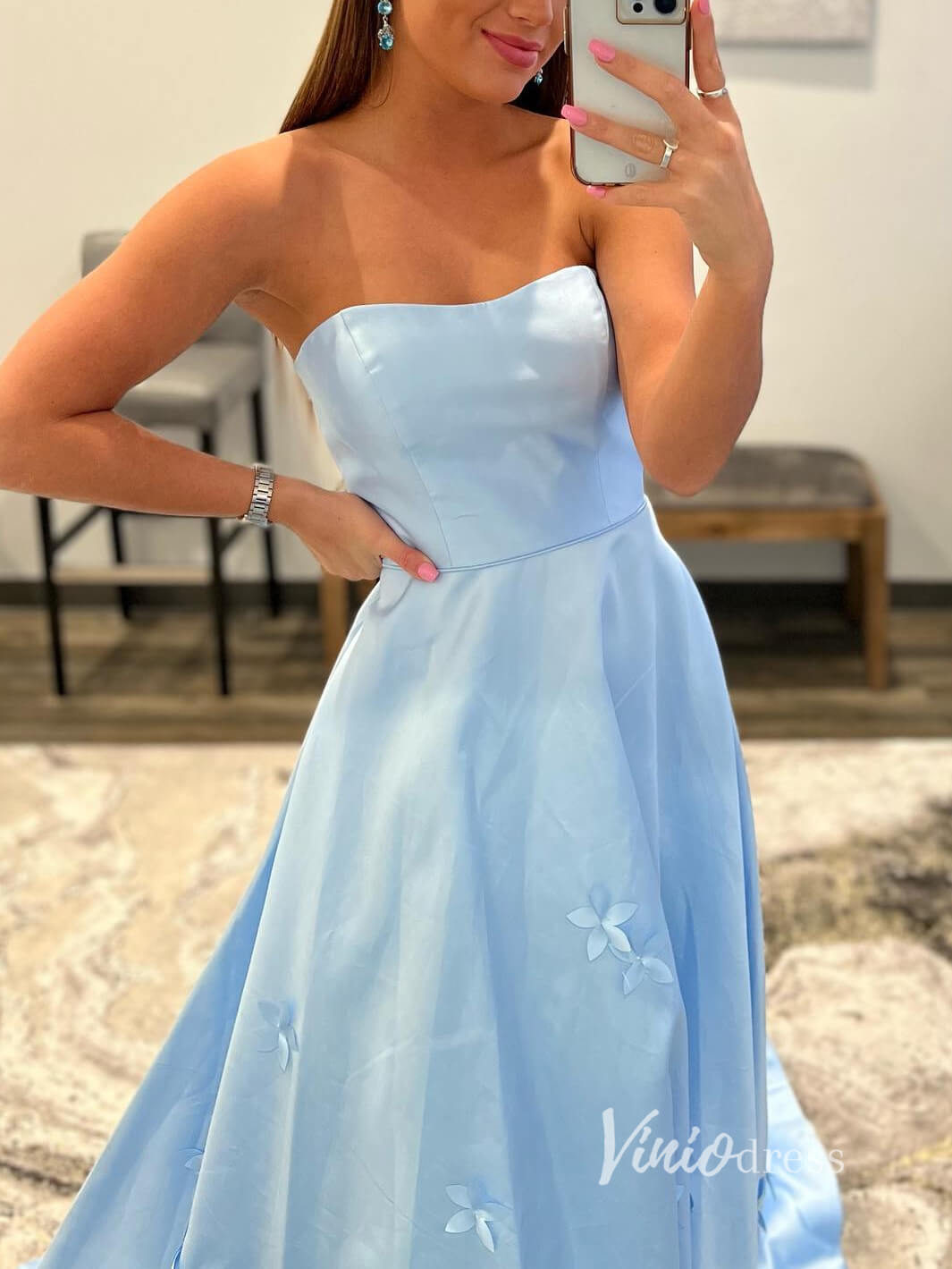 Prom Dress 2025 Light Blue 3D Flowers Prom Dresses With Pockets Strapless Evening Dress FD2938-unique prom dresses-Light Blue-Custom Size-Viniodress