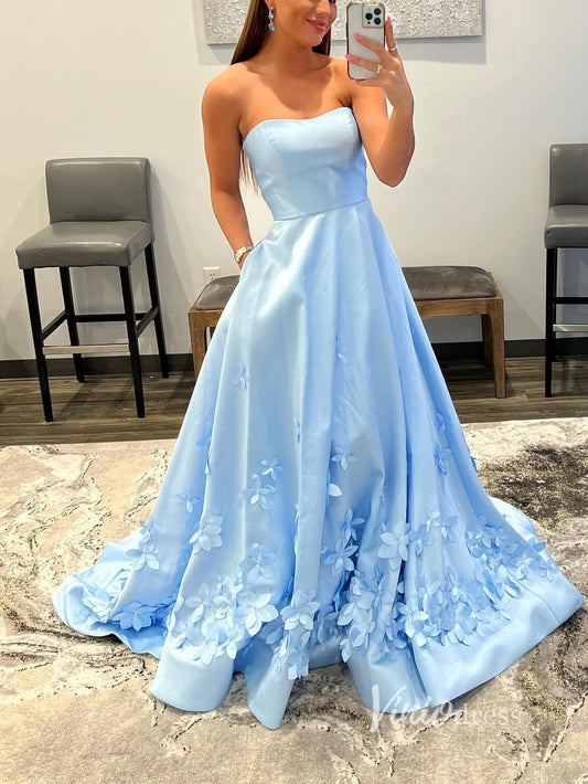 Prom Dress 2025 Light Blue 3D Flowers Prom Dresses With Pockets Strapless Evening Dress FD2938-unique prom dresses-Light Blue-Custom Size-Viniodress