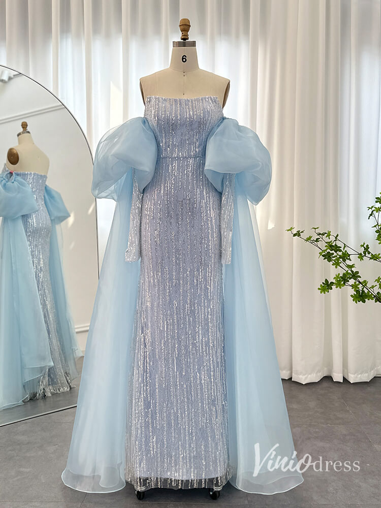 Prom Dress 2025 Light Blue Beaded Sequin Mermaid Evening Dresses Puffed Sleeve Pageant Dress AD1147-unique prom dresses-Light Blue-US 2-Viniodress