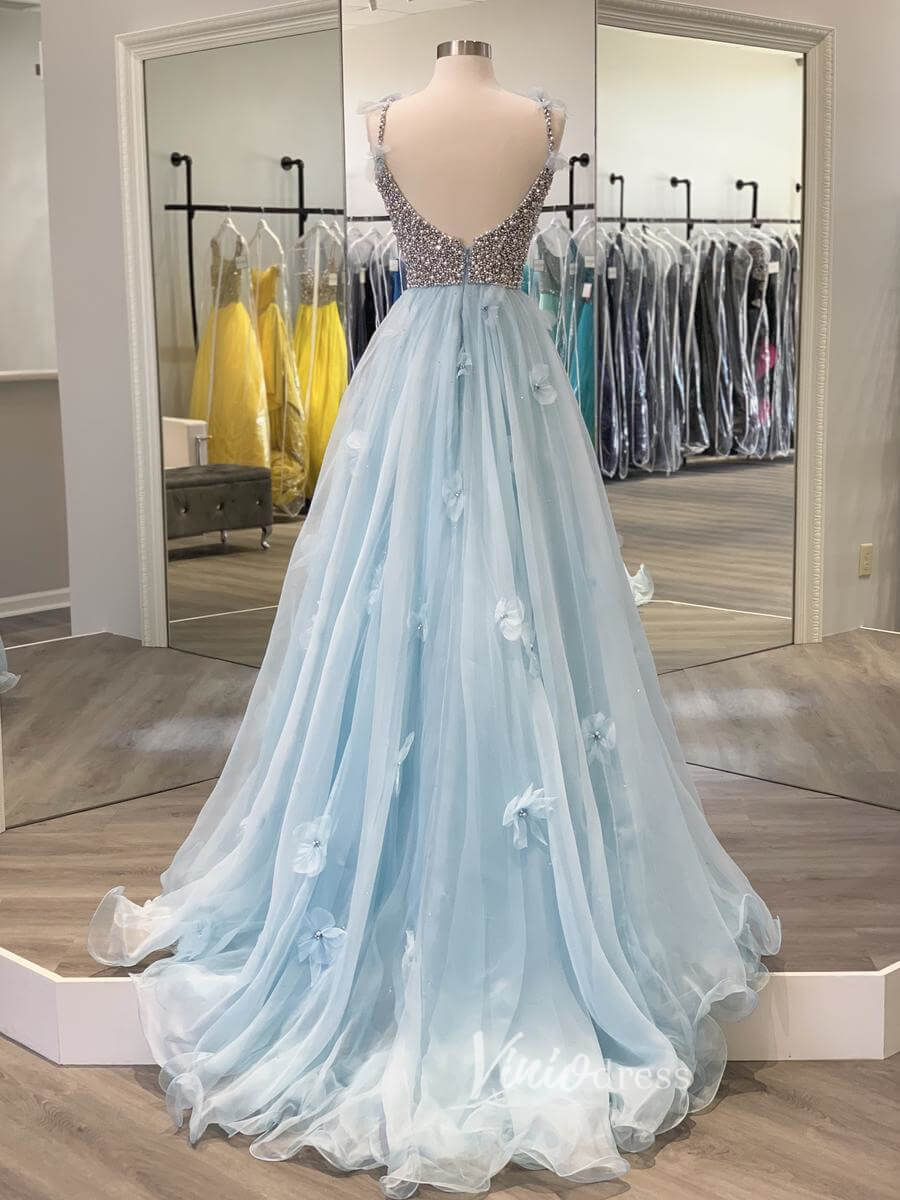 Prom Dress 2025 Light Blue Beaded Spaghetti Strap Prom Dresses 3D Flower Evening Dress FD3046-unique prom dresses-Light Blue-Custom Size-Viniodress