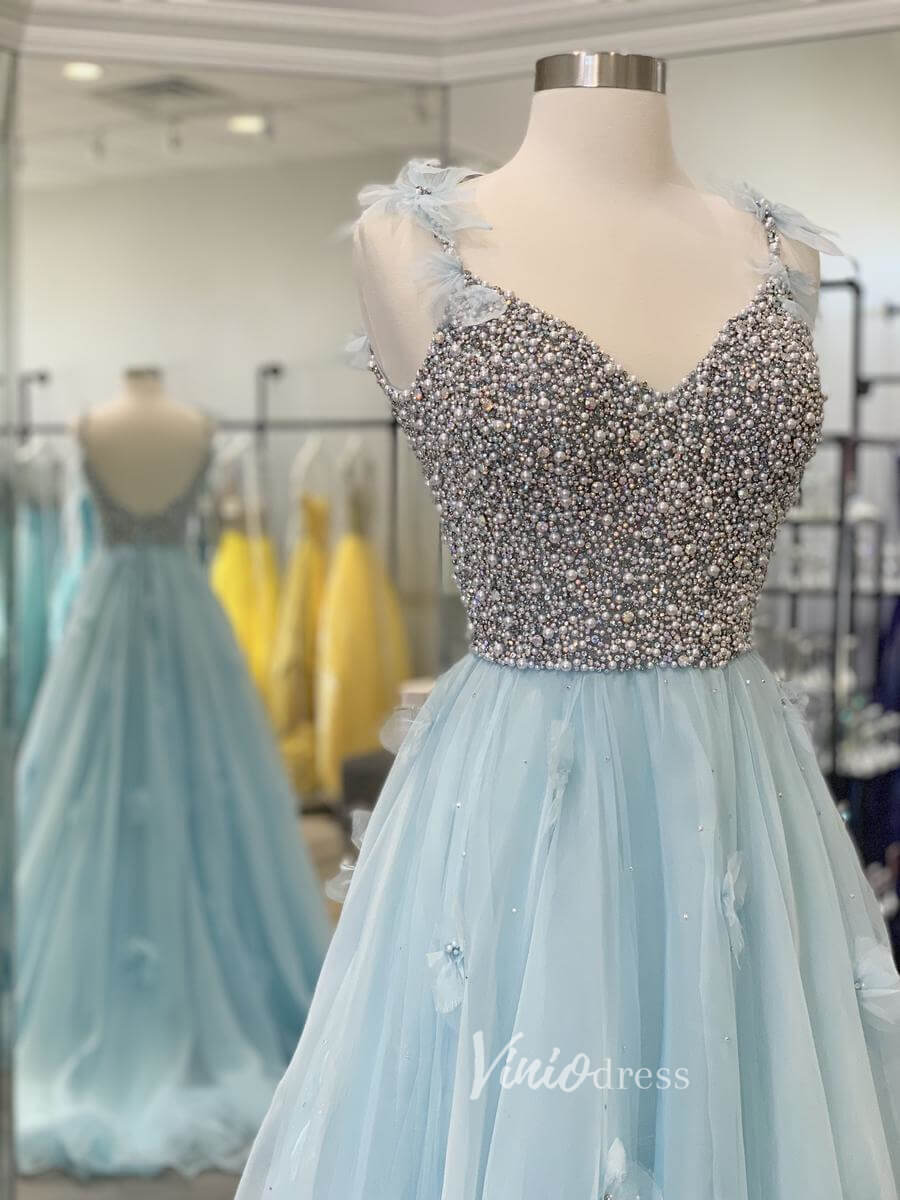 Prom Dress 2025 Light Blue Beaded Spaghetti Strap Prom Dresses 3D Flower Evening Dress FD3046-unique prom dresses-Light Blue-Custom Size-Viniodress