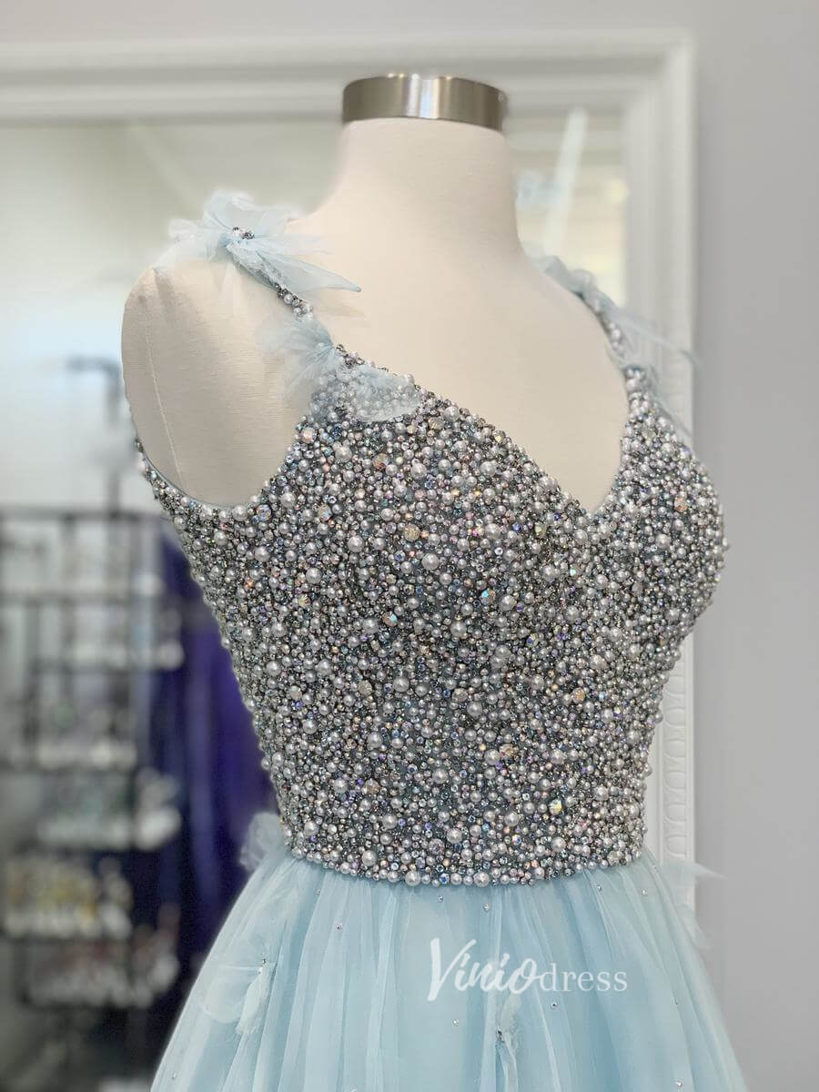 Prom Dress 2025 Light Blue Beaded Spaghetti Strap Prom Dresses 3D Flower Evening Dress FD3046-unique prom dresses-Light Blue-Custom Size-Viniodress