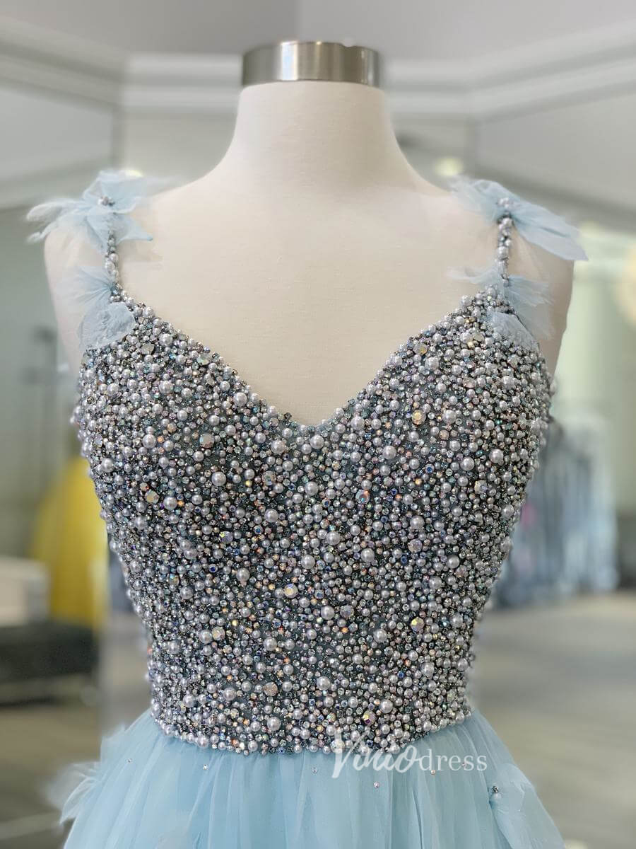 Prom Dress 2025 Light Blue Beaded Spaghetti Strap Prom Dresses 3D Flower Evening Dress FD3046-unique prom dresses-Light Blue-Custom Size-Viniodress