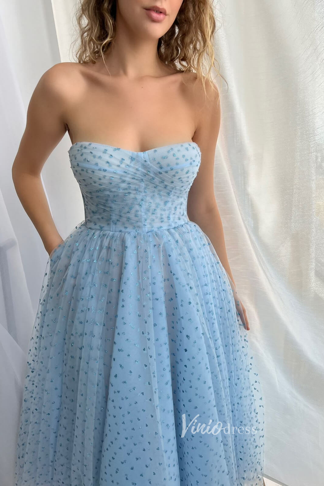 Prom Dress 2025 Light Blue Dotted Tulle Hoco Dresses Midi Length Prom Dress FD2984-unique prom dresses-Light Blue-Custom Size-Viniodress