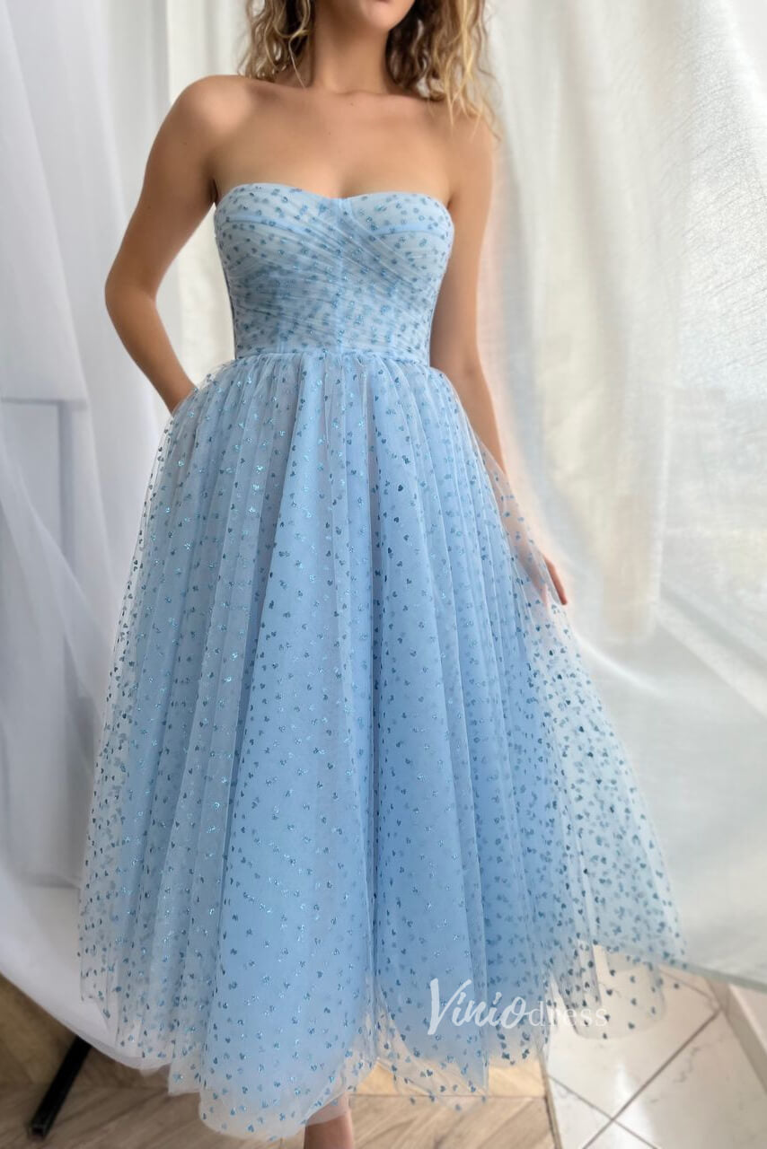 Prom Dress 2025 Light Blue Dotted Tulle Hoco Dresses Midi Length Prom Dress FD2984-unique prom dresses-Light Blue-Custom Size-Viniodress