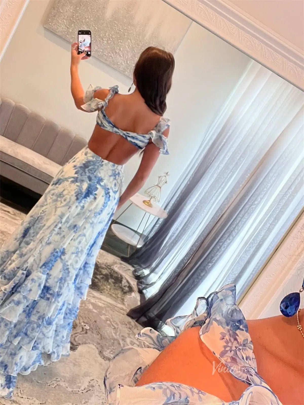 Light Blue Floral Print Tiered Prom Dresses with Slit, V - Neck & Crossed Bodice - FD5314 - Viniodressprom dressesBlueCustom Size - Formal Dresses - Ball Gowns