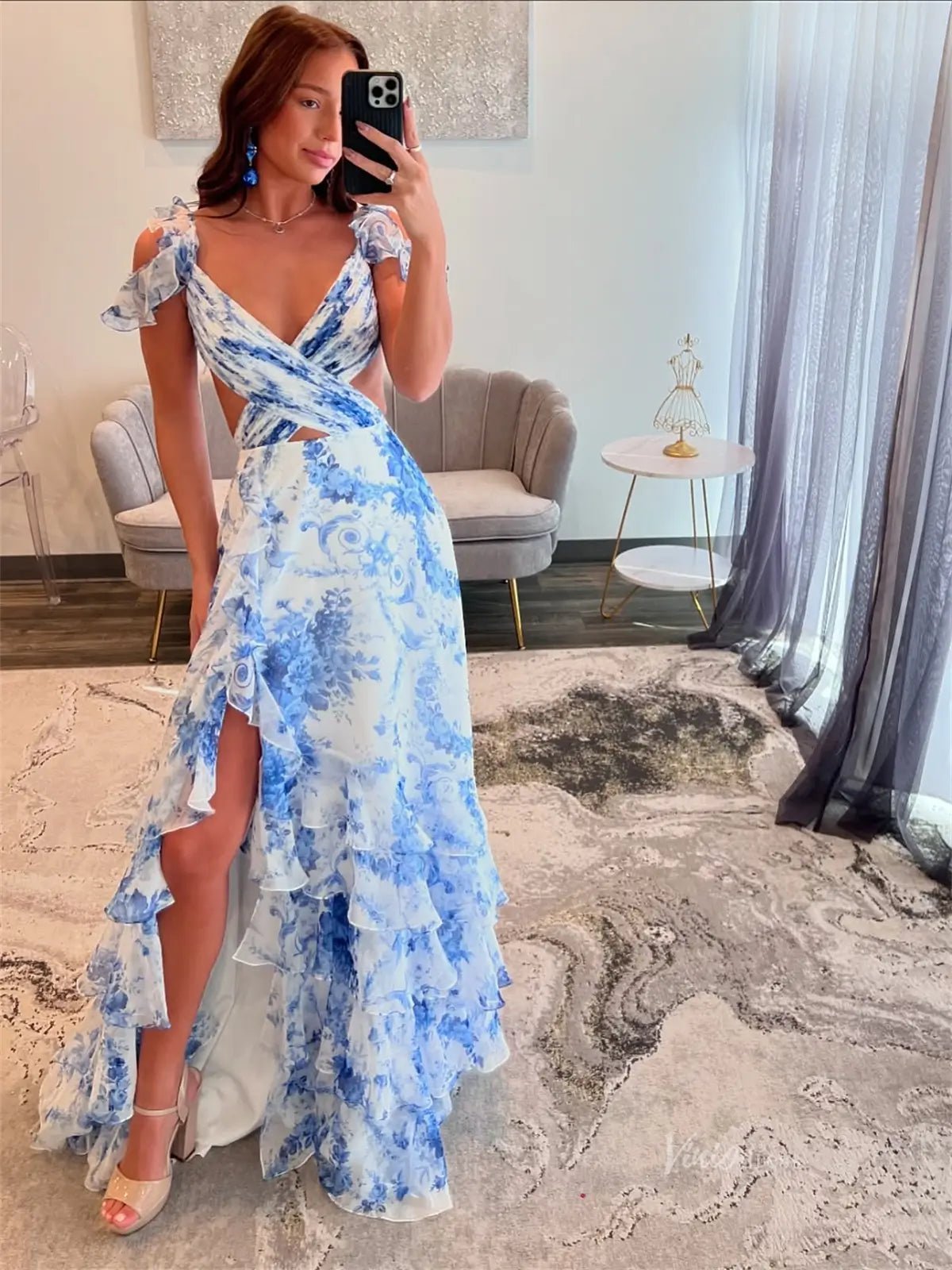 Light Blue Floral Print Tiered Prom Dresses with Slit, V - Neck & Crossed Bodice - FD5314 - Viniodressprom dressesBlueCustom Size - Formal Dresses - Ball Gowns