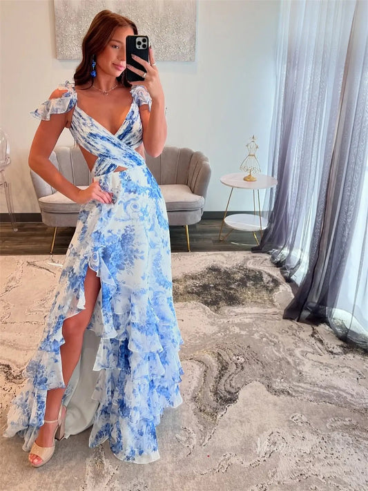 Light Blue Floral Print Tiered Prom Dresses with Slit, V - Neck & Crossed Bodice - FD5314 - Viniodressprom dressesBlueCustom Size - Formal Dresses - Ball Gowns