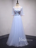 Prom Dress 2025 Light Blue Floral Prom Dresses with Sleeves FD1522-unique prom dresses-Light Blue-Custom Size-Viniodress