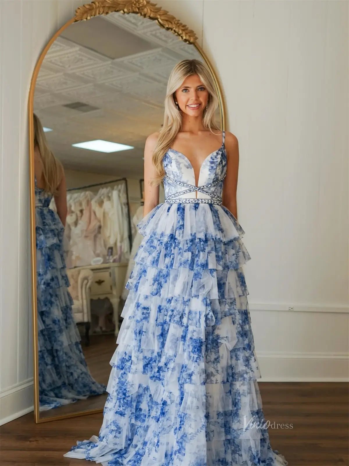 Light Blue Floral Tulle Tiered Prom Dresses with Spaghetti Straps & Sweetheart Neckline - FD5310 - Viniodressprom dressesBlueCustom Size - Formal Dresses - Ball Gowns