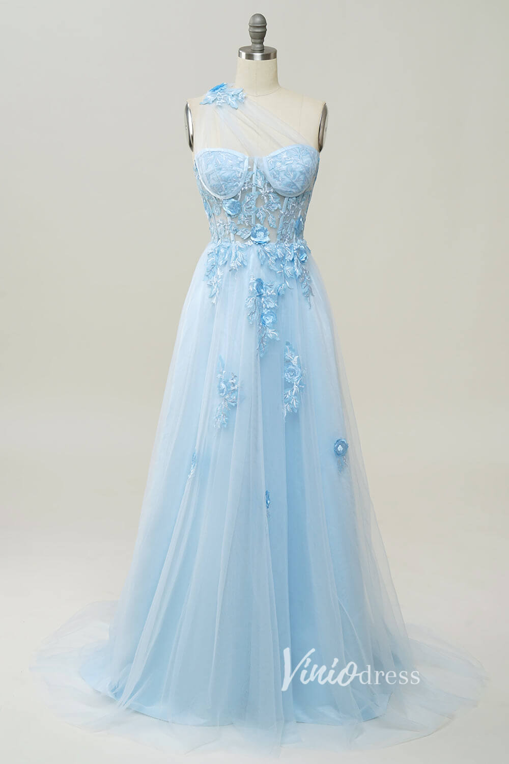 Prom Dress 2025 Light Blue Lace Applique Prom Dresses One Shoulder Evening Dress FD3404-unique prom dresses-Light Blue-Custom Size-Viniodress