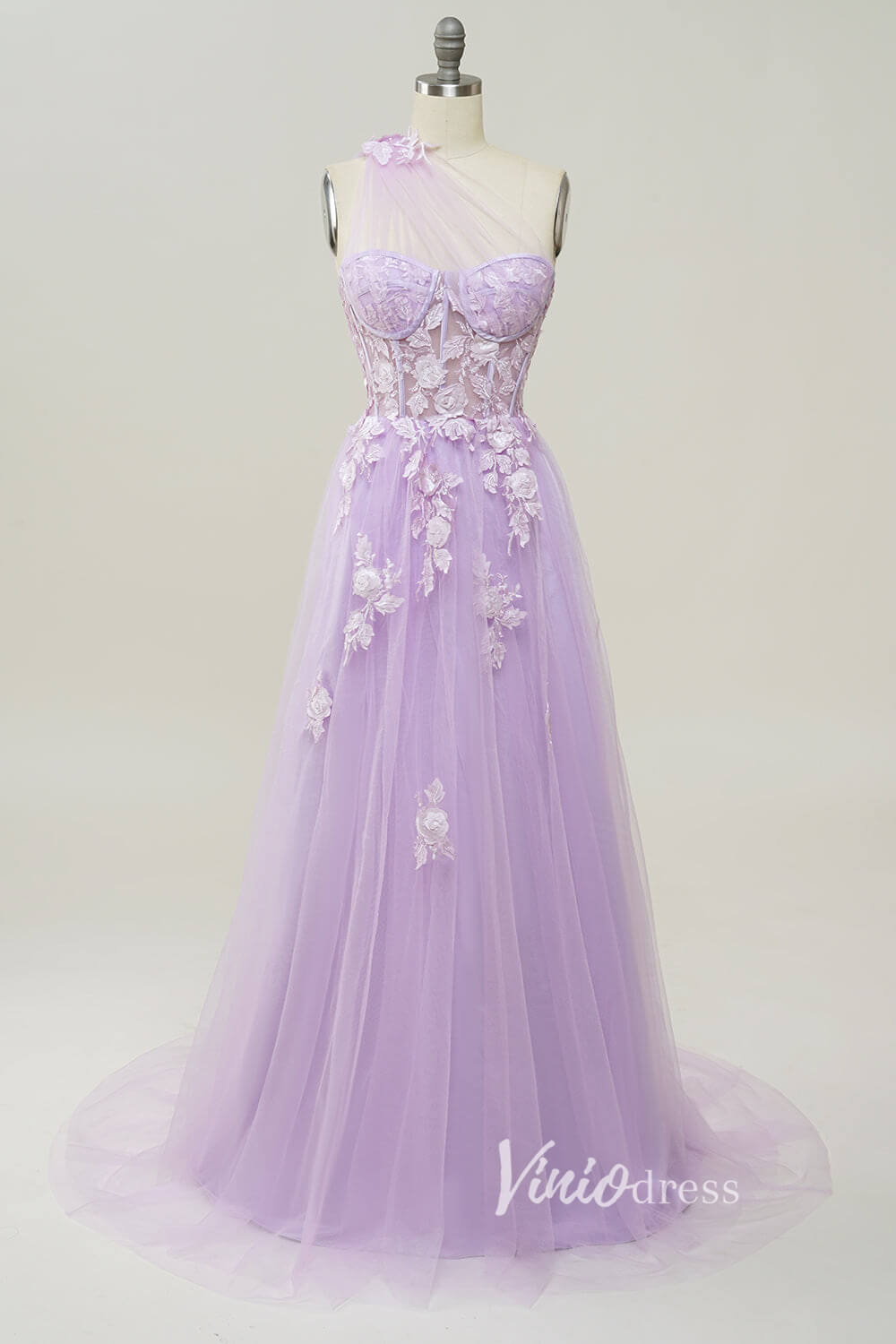 Prom Dress 2025 Light Blue Lace Applique Prom Dresses One Shoulder Evening Dress FD3404-unique prom dresses-Lilac-Custom Size-Viniodress