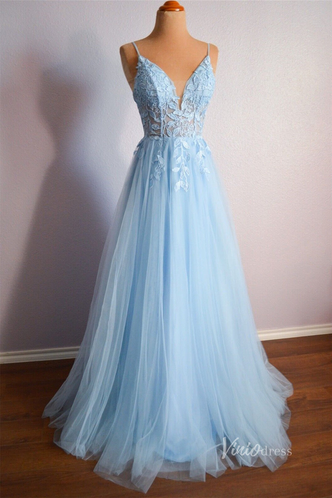 Prom Dress 2025 Light Blue Lace Applique Prom Dresses Sheer Bodice Spaghetti Strap FD3979-unique prom dresses-Light Blue-Custom Size-Viniodress