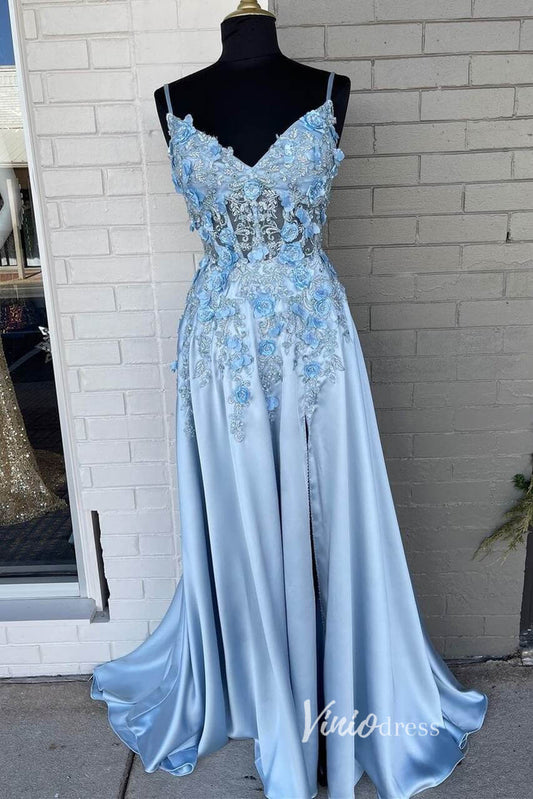 Prom Dress 2025 Light Blue Lace Appliqued Prom Dresses with Slit 3D Flower Evening Gown FD3315-unique prom dresses-Light Blue-Custom Size-Viniodress