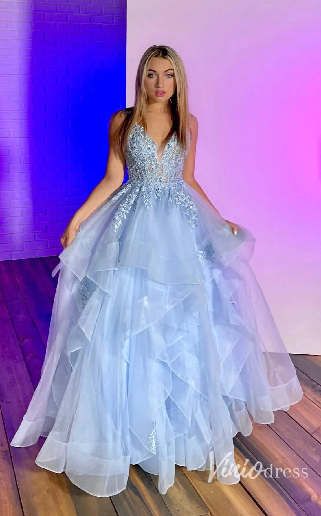 Prom Dress 2025 Light Blue Layered Ruffle Prom Dresses Lace Applique Evening Dress FD2915-unique prom dresses-Light Blue-Custom Size-Viniodress