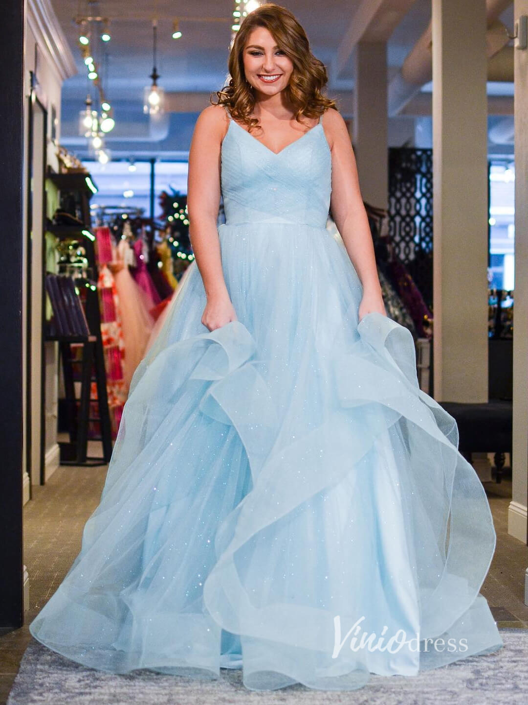 Prom Dress 2025 Light Blue Layered Ruffle Prom Dresses Spaghetti Strap Evening Dress FD2942-unique prom dresses-Light Blue-Custom Size-Viniodress