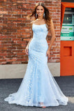 prom dresses 2025 Light Blue Mermaid Prom Dress 2025 with Floral Lace & Spaghetti Straps – FD1594-plus size wedding dresses Viniodress-Light Blue-Custom Size-