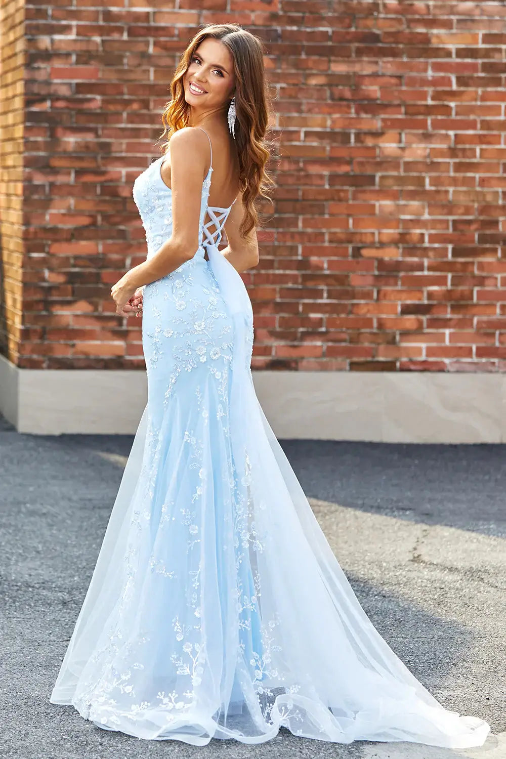 prom dresses 2025 Light Blue Mermaid Prom Dress 2025 with Floral Lace & Spaghetti Straps – FD1594-plus size wedding dresses Viniodress-Light Blue-Custom Size-