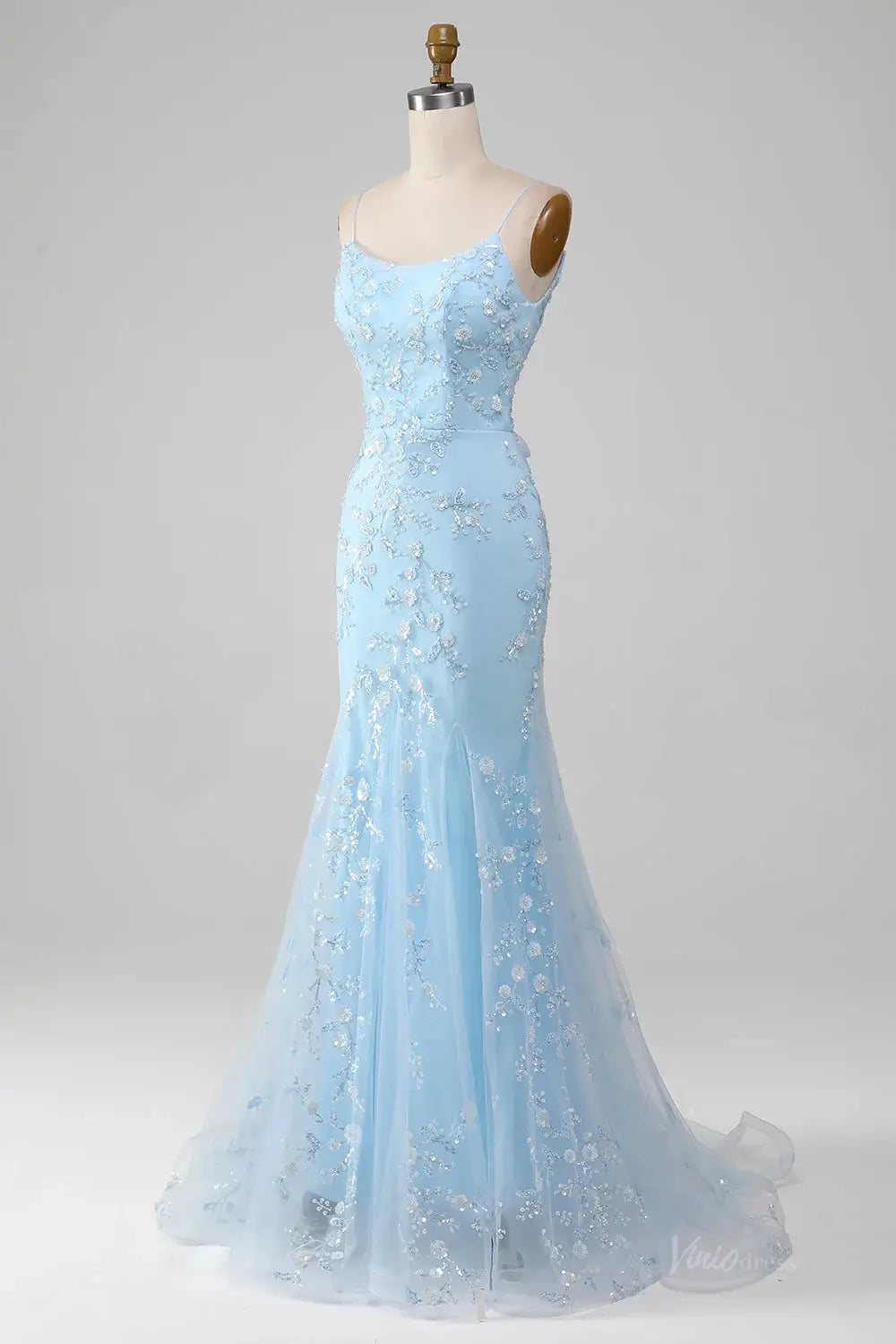 prom dresses 2025 Light Blue Mermaid Prom Dress 2025 with Floral Lace & Spaghetti Straps – FD1594-plus size wedding dresses Viniodress-Light Blue-Custom Size-