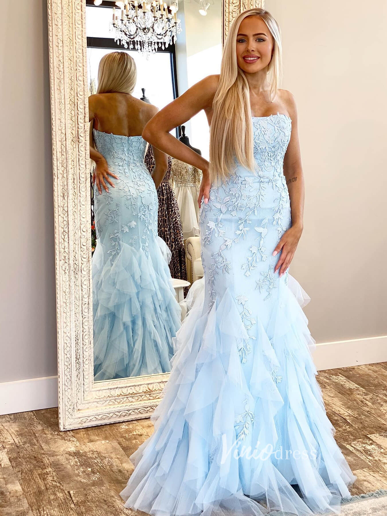 Prom Dress 2025 Light Blue Mermaid Prom Dresses Layered Ruffle Formal Dress FD2728-unique prom dresses-Light Blue-Custom Size-Viniodress