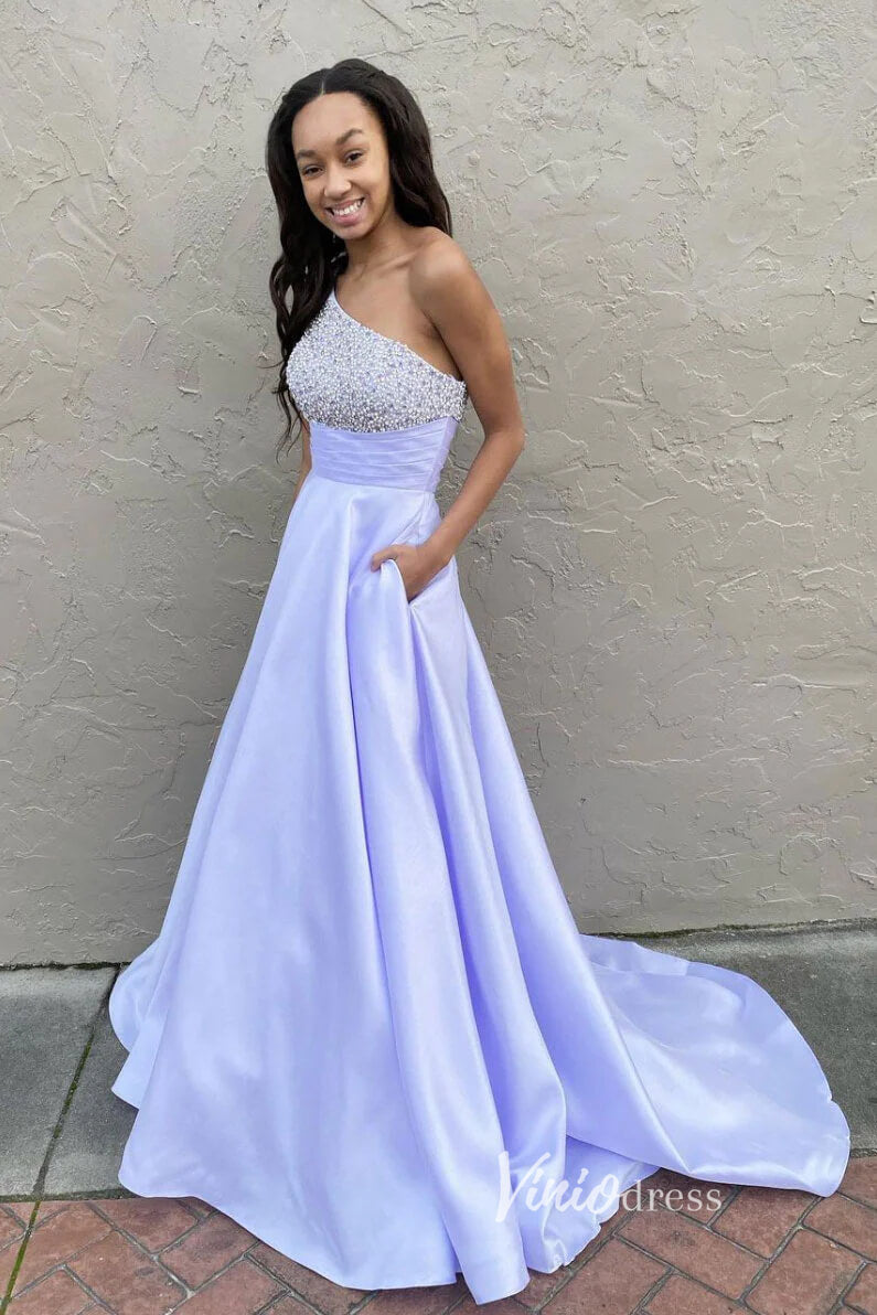 Prom Dress 2025 Light Blue One Shoulder Prom Dresses A-Line Beaded Evening Dress FD3036-unique prom dresses-Lavender-Custom Size-Viniodress