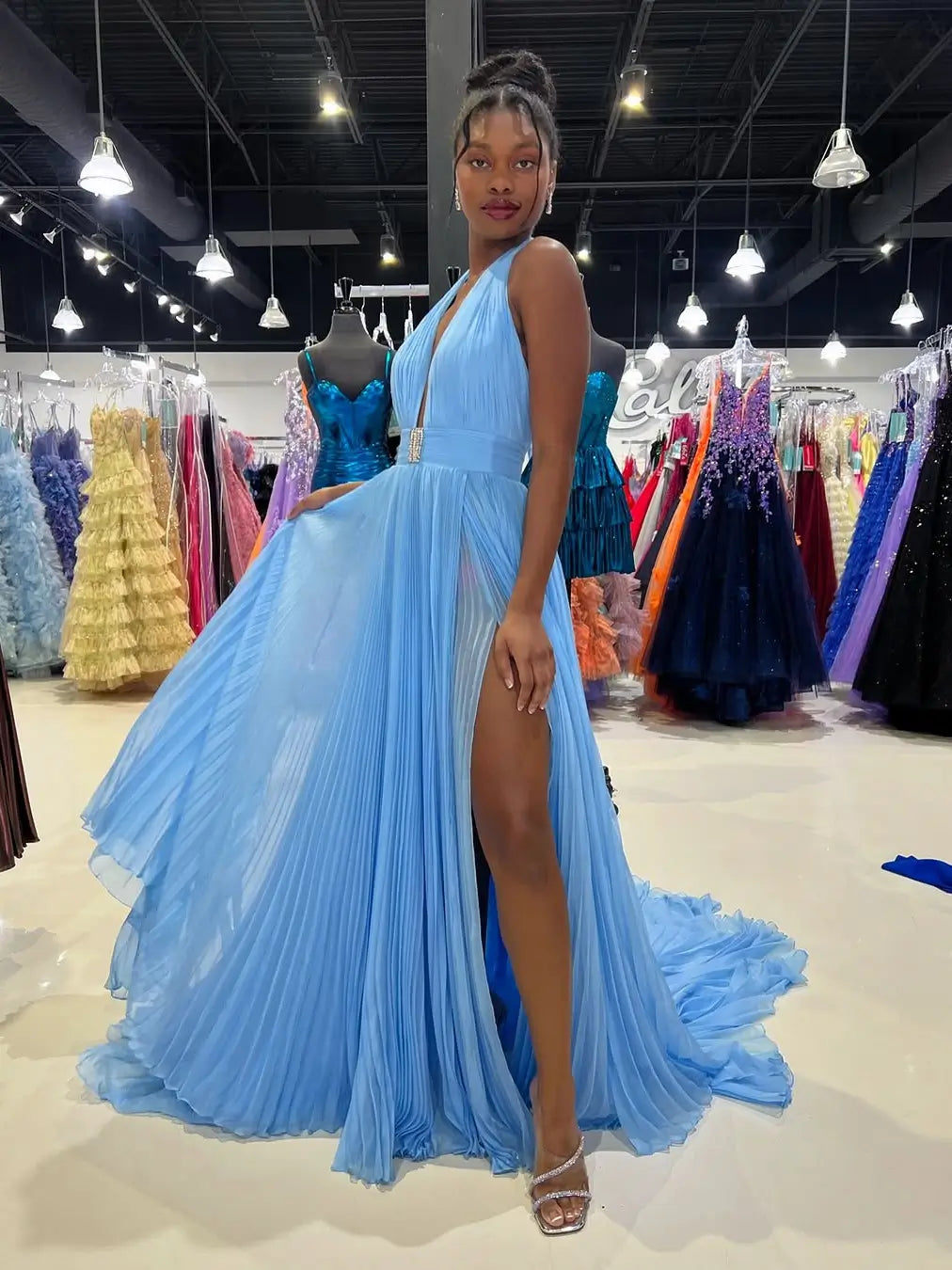 prom dresses 2025 Light Blue Organza Sheath Prom Dress with Halter Neck & High Slit – Style FD6085-plus size wedding dresses Viniodress-Light Blue-Custom Size-