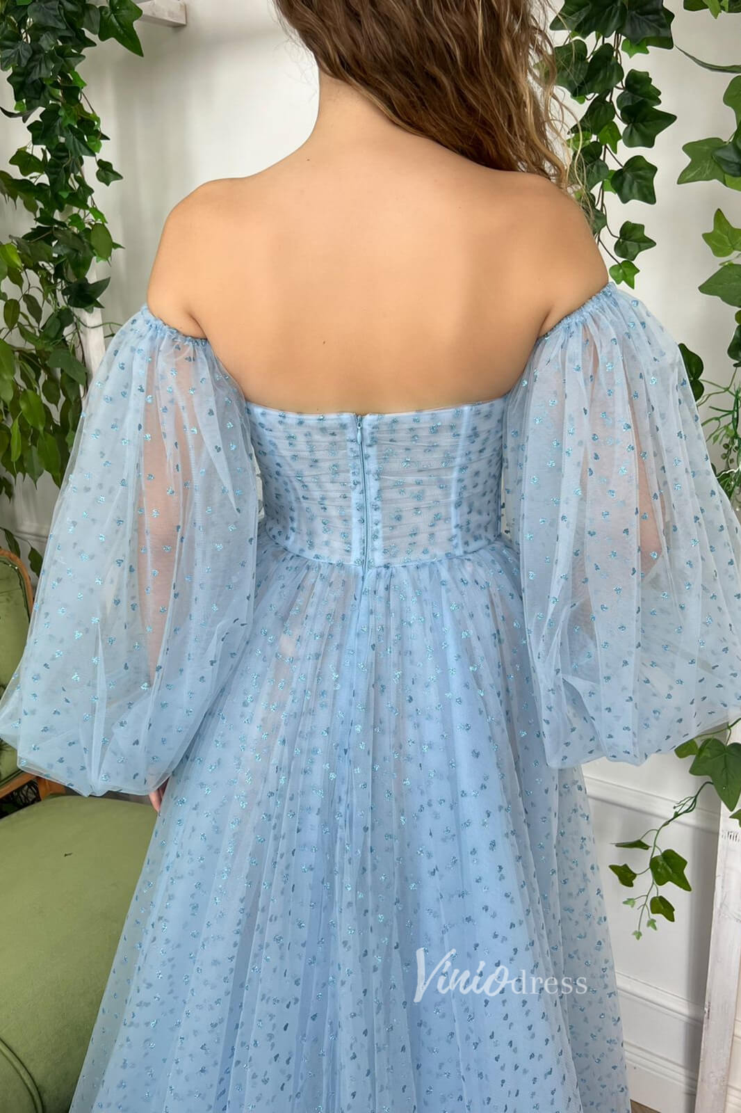 Prom Dress 2025 Light Blue Printed Hearts Prom Dresses Long Puffy Sleeves Formal Dresses FD2982-unique prom dresses-Light Blue-Custom Size-Viniodress