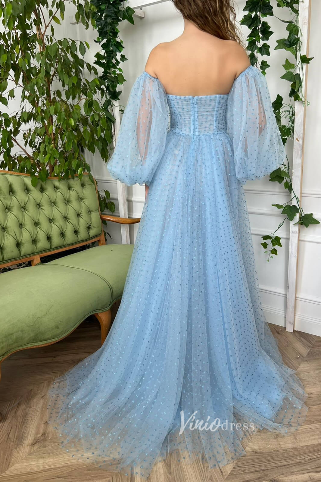 Prom Dress 2025 Light Blue Printed Hearts Prom Dresses Long Puffy Sleeves Formal Dresses FD2982-unique prom dresses-Light Blue-Custom Size-Viniodress