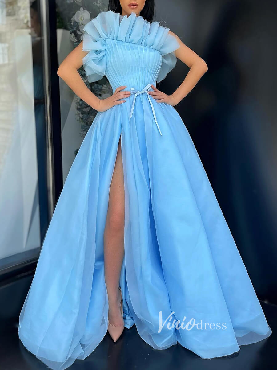 Prom Dress 2025 Light Blue Ruffle Organza Prom Dress High Slit Formal Dress FD2789-unique prom dresses-Light Blue-Custom Size-Viniodress