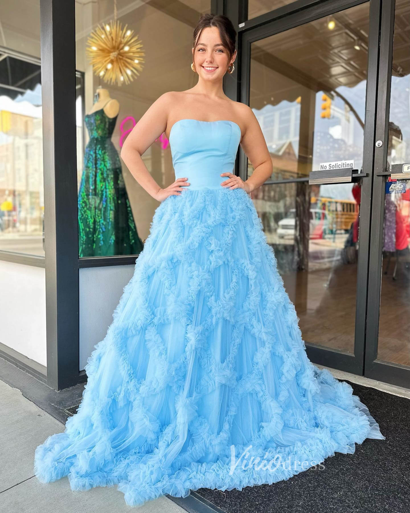 Light Blue Ruffle Prom Dresses Strapless Tulle Ball Gown FD3642 - Viniodressprom dressesLight BlueCustom Size - Formal Dresses - Ball Gowns