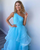 Prom Dress 2025 Light Blue Ruffle Tulle Prom Dresses One Shoulder Formal Dress FD3140-unique prom dresses-Light Blue-Custom Size-Viniodress