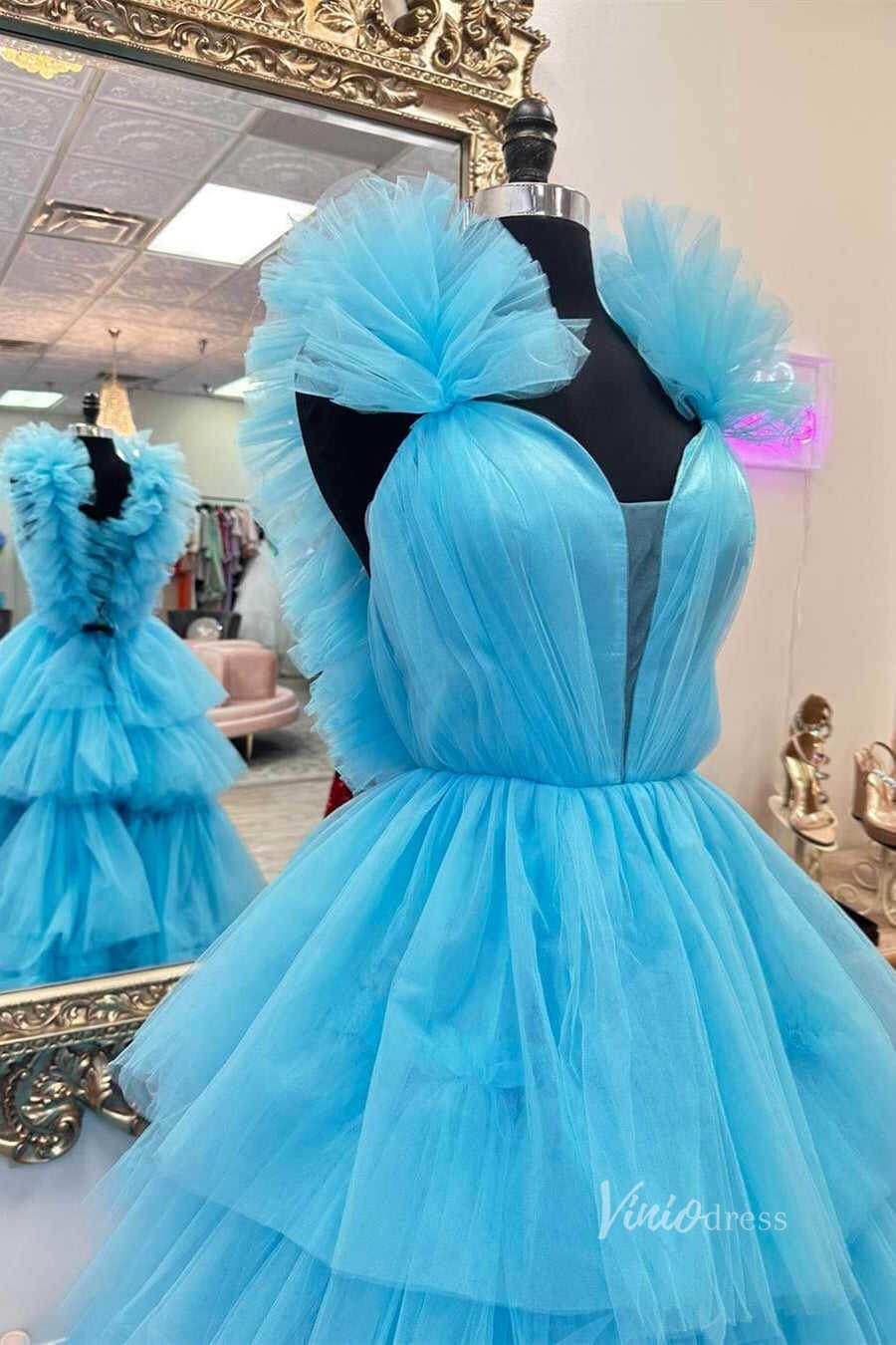 Prom Dress 2025 Light Blue Ruffled Tulle Prom Dresses Plunging V-Neck Tiered Strap FD3997-unique prom dresses-Light Blue-Custom Size-Viniodress