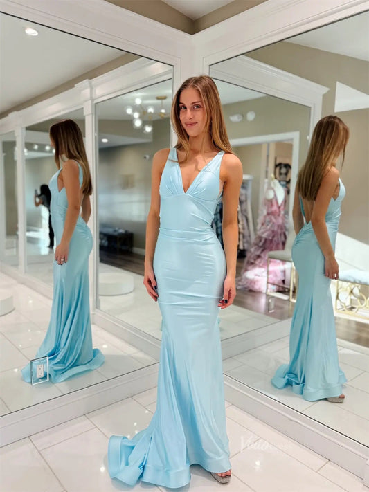 Light Blue Satin Mermaid Prom Dresses with V - Neck & Open Back - FD6030 - Viniodressprom dressesBlueCustom Size - Formal Dresses - Ball Gowns