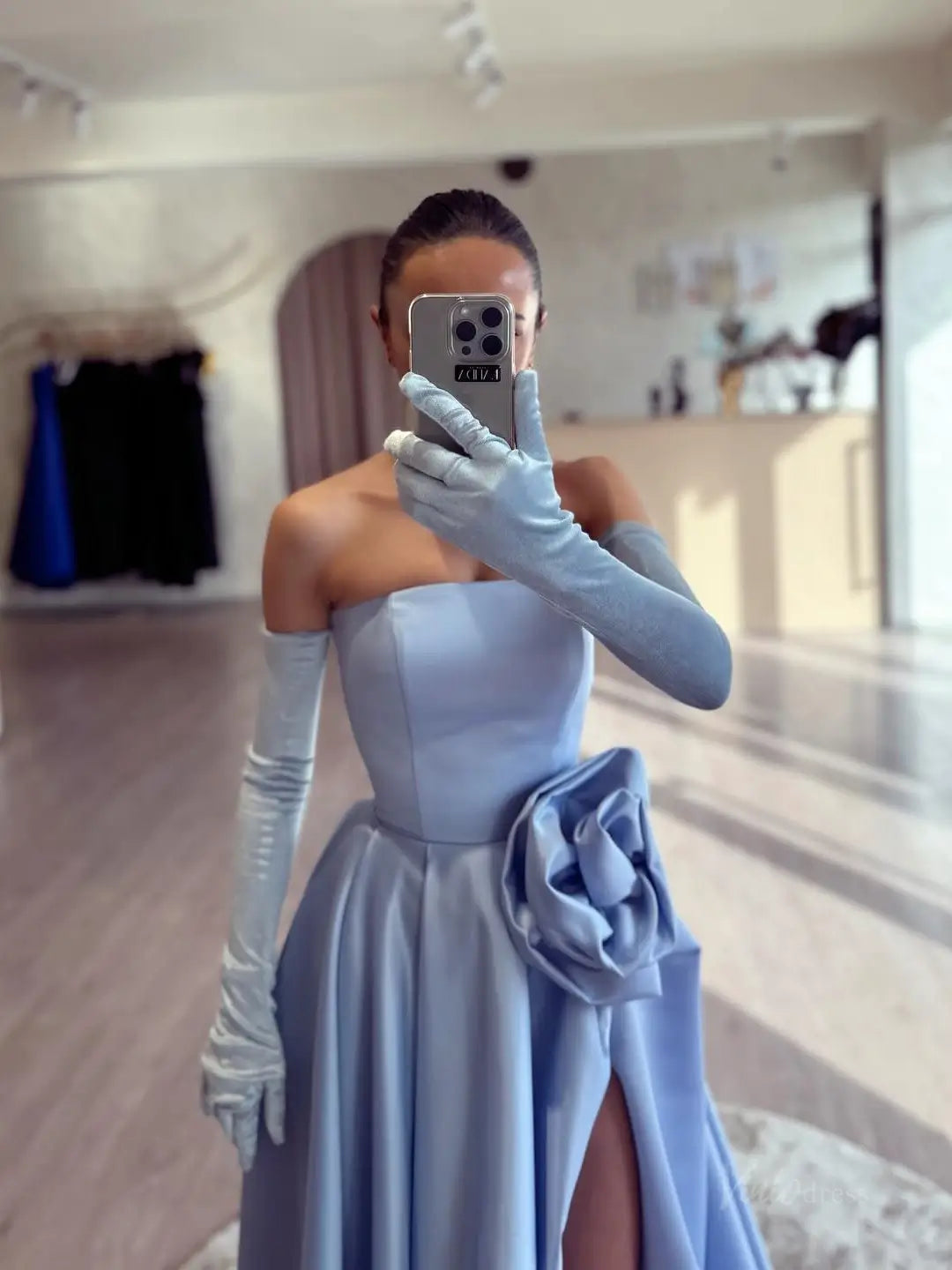 Light Blue Satin Prom Dresses 2025 Strapless Formal Dress with 3D Flower, Gloves & High Slit FD5243