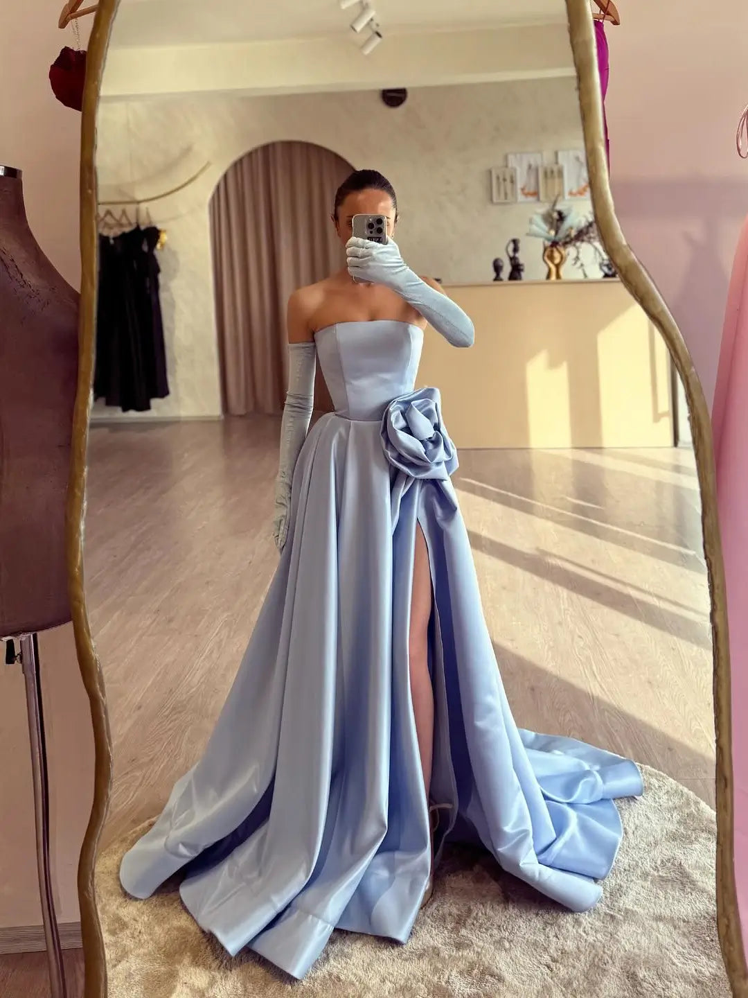 Light Blue Satin Prom Dresses 2025 Strapless Formal Dress with 3D Flower, Gloves & High Slit FD5243