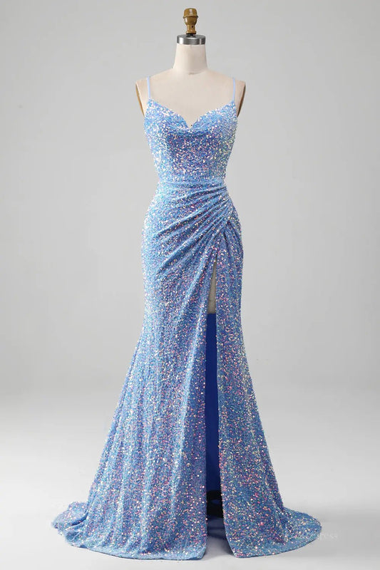 Light Blue Sequin Mermaid Prom Dresses 2025 with Slit & Spaghetti Strap – FD5062 - Viniodressprom dressesLight BlueCustom Size - Formal Dresses - Ball Gowns