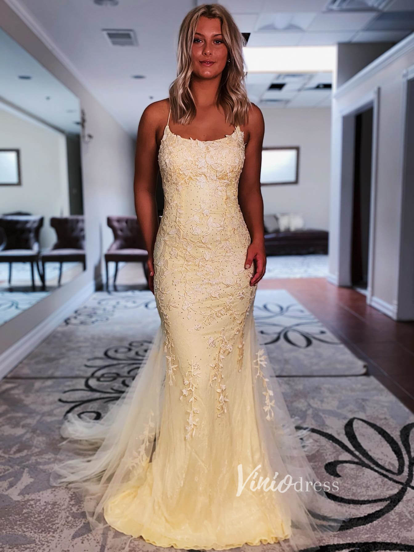 Prom Dress 2025 Light Blue Sheath Lace Prom Dress Spaghetti Strap FD1250E-unique prom dresses-Yellow-Custom Size-Viniodress