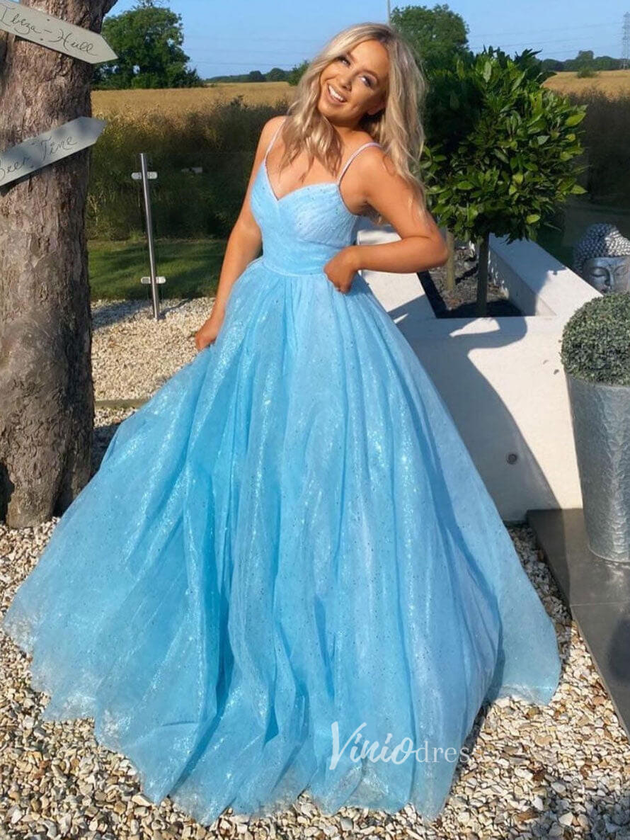 Prom Dress 2025 Light Blue Spaghetti Strap Prom Dresses Sparkly Tulle Evening Dress FD3077-unique prom dresses-Blue-Custom Size-Viniodress