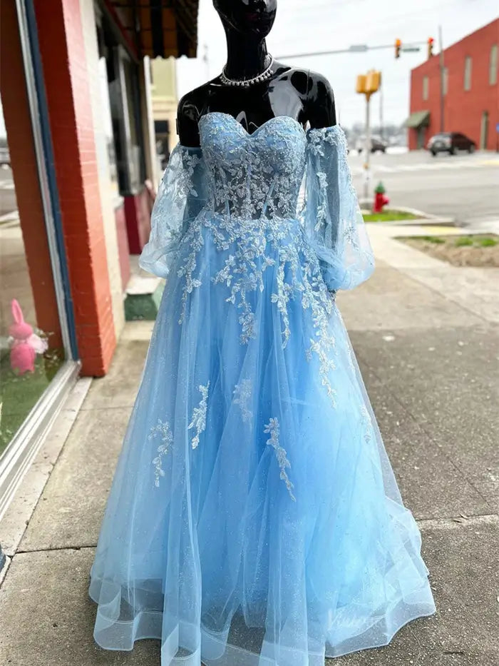 prom dresses 2025 Light Blue Sparkly Tulle Lace Prom Dresses 2025 Removable Long Sleeve Formal Gown - FD5157-plus size wedding dresses Viniodress-Blue-Custom Size-