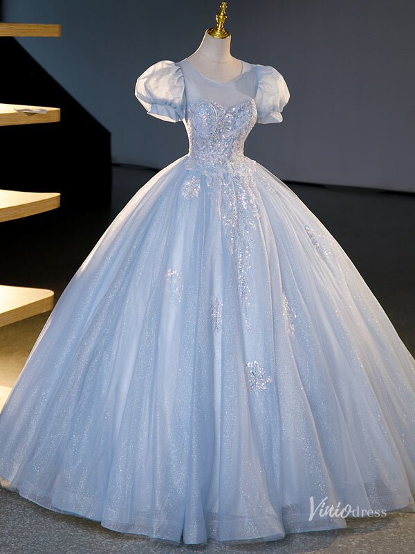 Light Blue Sparkly Tulle Prom Ball Gown Puffed Sleeve Sequin Lace Applique Quinceanera Dresses BG071 - Viniodressprom dressesLight BlueCustom Size - Formal Dresses - Ball Gowns