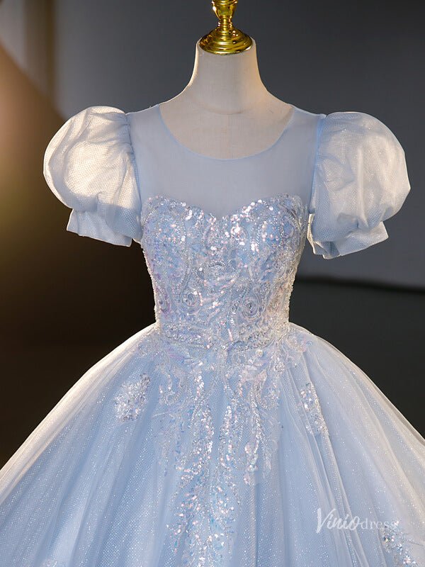 Light Blue Sparkly Tulle Prom Ball Gown Puffed Sleeve Sequin Lace Applique Quinceanera Dresses BG071 - Viniodressprom dressesLight BlueCustom Size - Formal Dresses - Ball Gowns