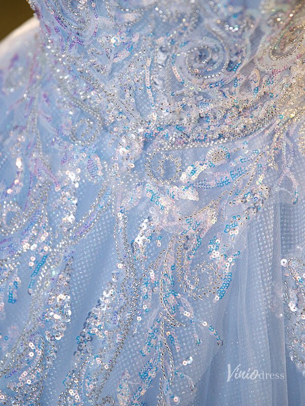 Light Blue Sparkly Tulle Prom Ball Gown Puffed Sleeve Sequin Lace Applique Quinceanera Dresses BG071 - Viniodressprom dressesLight BlueCustom Size - Formal Dresses - Ball Gowns