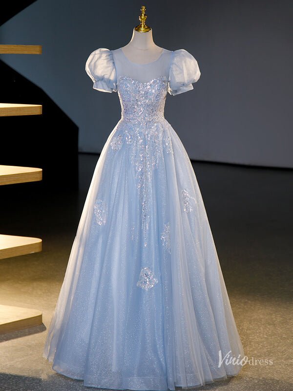 Light Blue Sparkly Tulle Prom Ball Gown Puffed Sleeve Sequin Lace Applique Quinceanera Dresses BG071 - Viniodressprom dressesLight BlueCustom Size - Formal Dresses - Ball Gowns