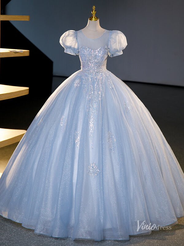 Light Blue Sparkly Tulle Prom Ball Gown Puffed Sleeve Sequin Lace Applique Quinceanera Dresses BG071 - Viniodressprom dressesLight BlueCustom Size - Formal Dresses - Ball Gowns