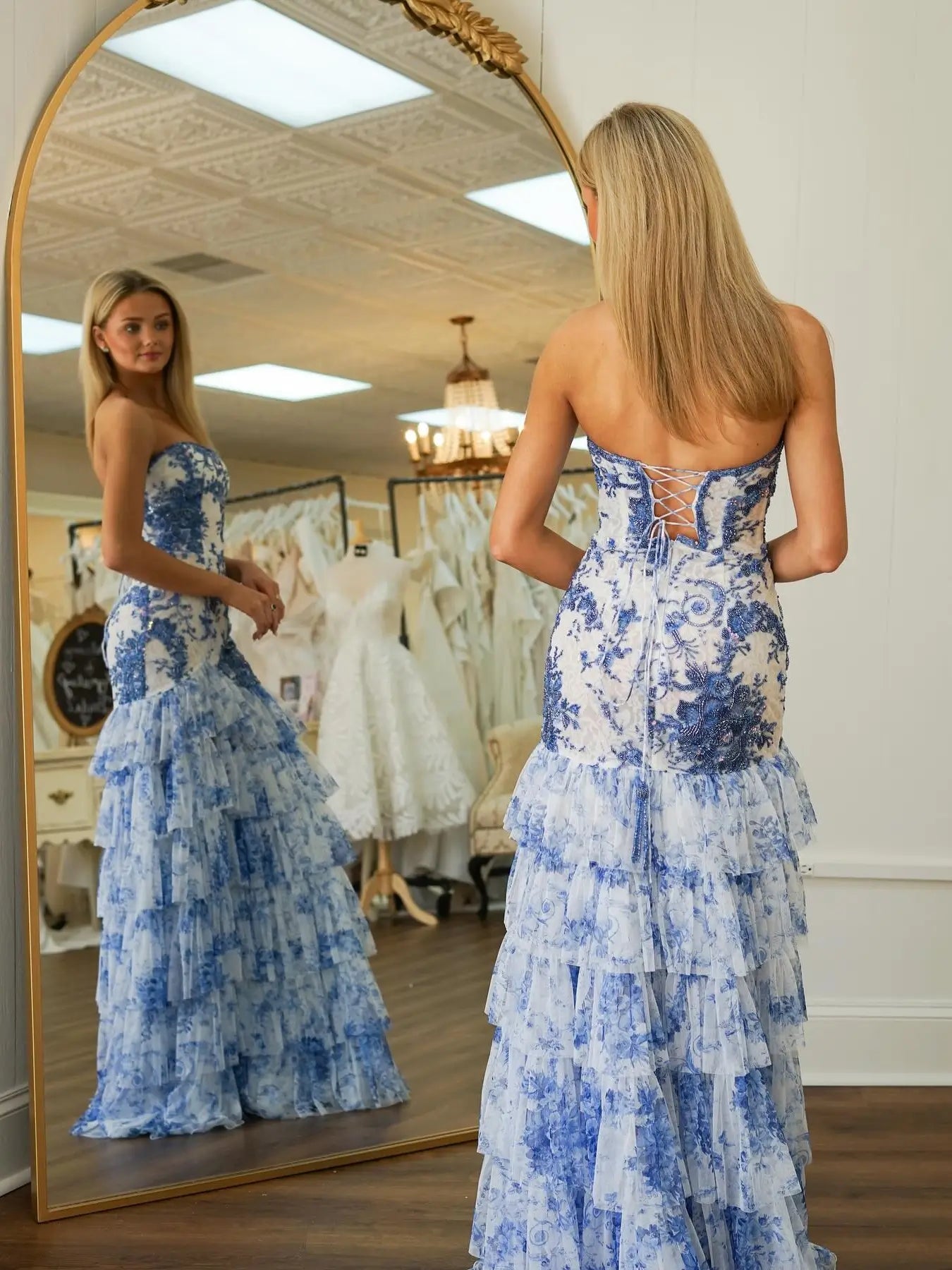 Light Blue Strapless Beaded Lace Prom Dress with Slit & Tiered Bottom - FD5316 - Viniodressprom dressesBlueCustom Size - Formal Dresses - Ball Gowns