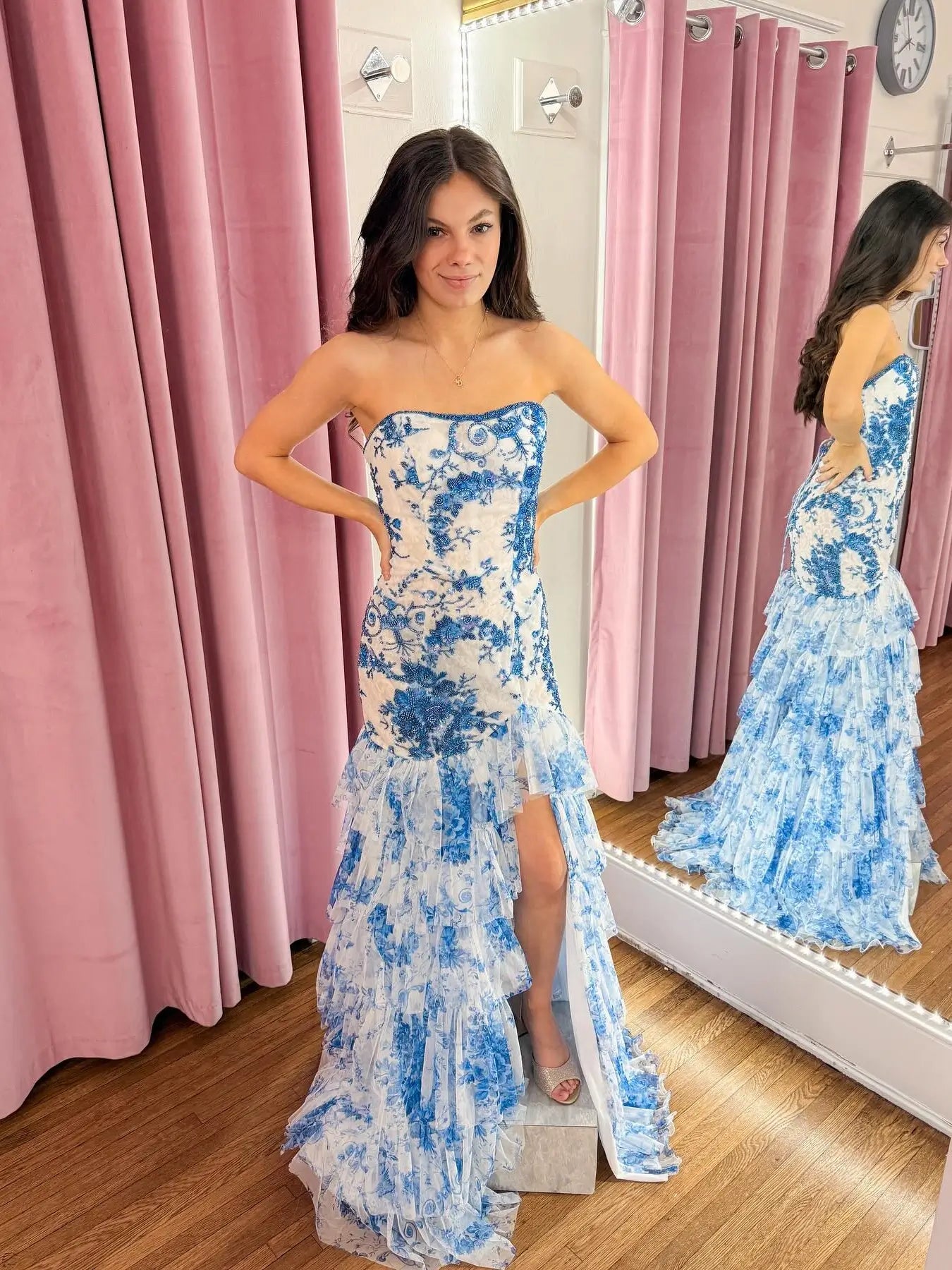 Light Blue Strapless Beaded Lace Prom Dress with Slit & Tiered Bottom - FD5316 - Viniodressprom dressesBlueCustom Size - Formal Dresses - Ball Gowns