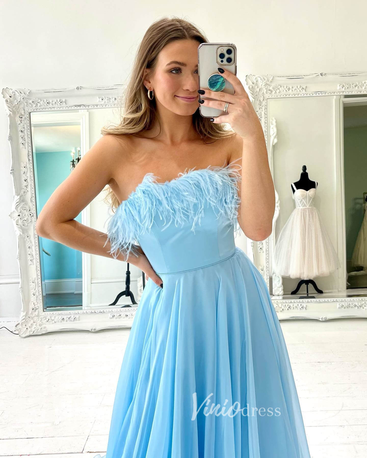 Prom Dress 2025 Light Blue Strapless Prom Dresses Feathers Evening Dress FD3134-unique prom dresses-Light Blue-Custom Size-Viniodress