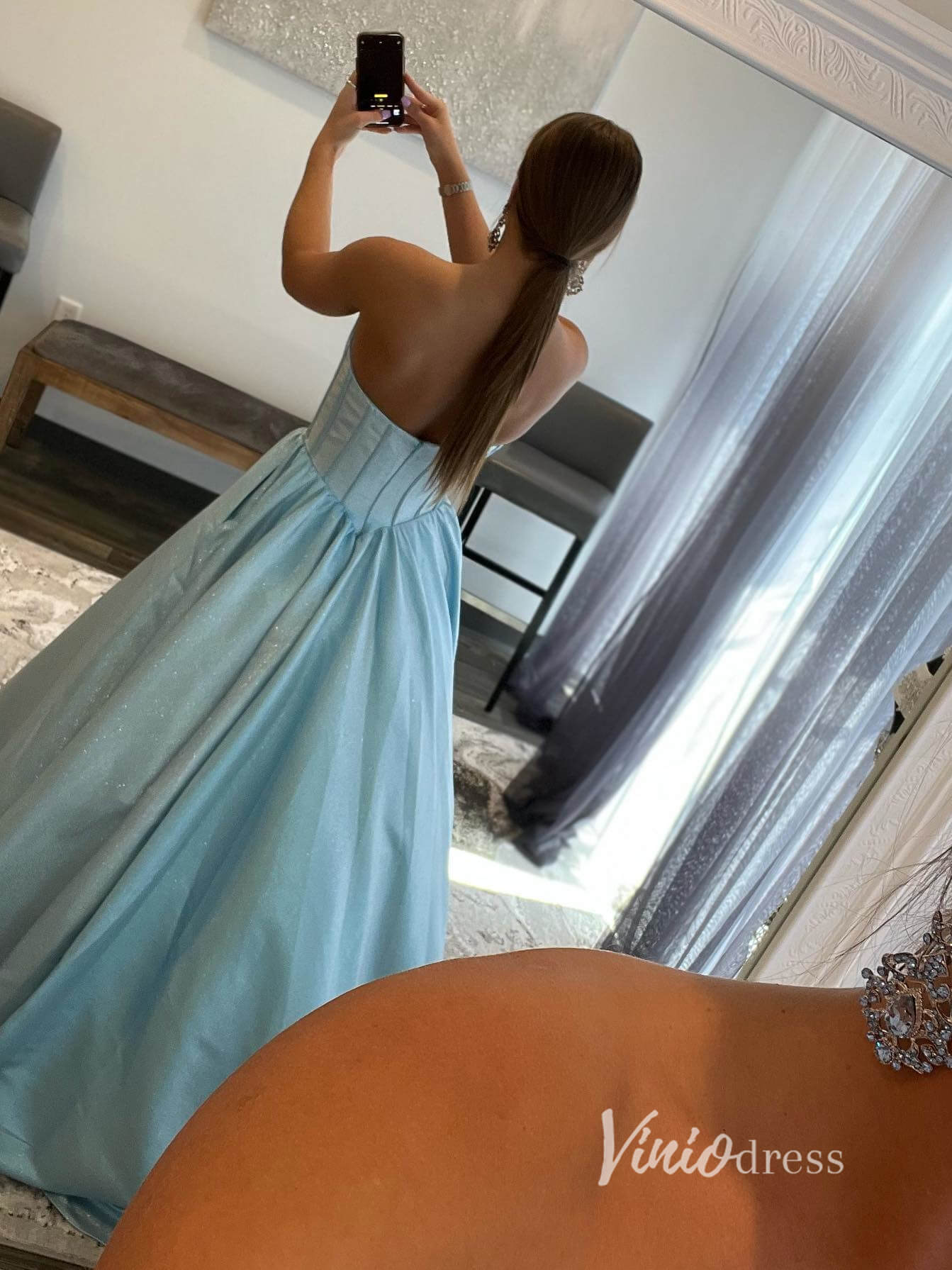 Prom Dress 2025 Light Blue Sweetheart Neck Prom Dresses With Pockets Sparkly Satin Evening Dress FD2939-unique prom dresses-Light Blue-Custom Size-Viniodress